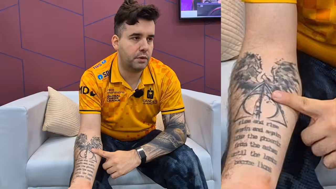 Ian Nepomniachtchi's tattoo on his right arm (Photos by Jyotirmoy Halder from TimesofIndia