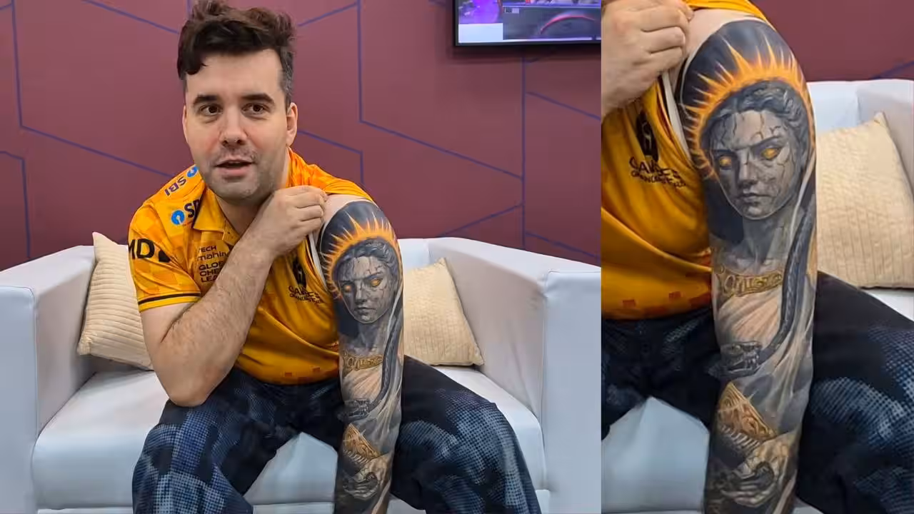 Ian Nepomniachtchi's tattoo on his left arm (Photos by Jyotirmoy Halder from TimesofIndia